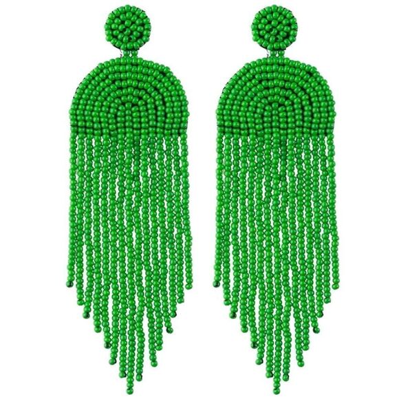 Long Boho Green Beaded Tassel Fringe Dangling Drop Fan Chandelier Post Earrings - Picture 1 of 7